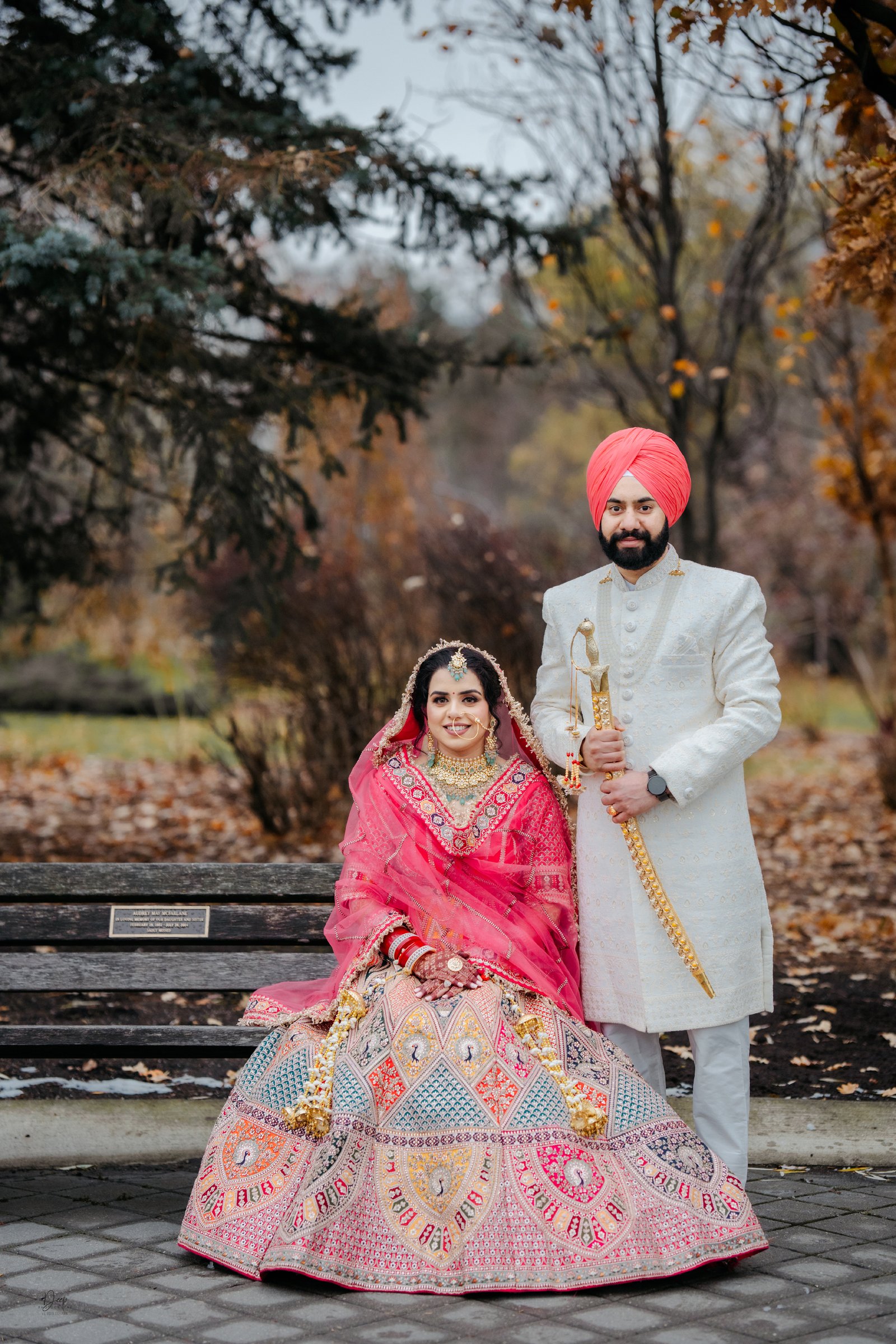 Couple posing in traditional wedding attire