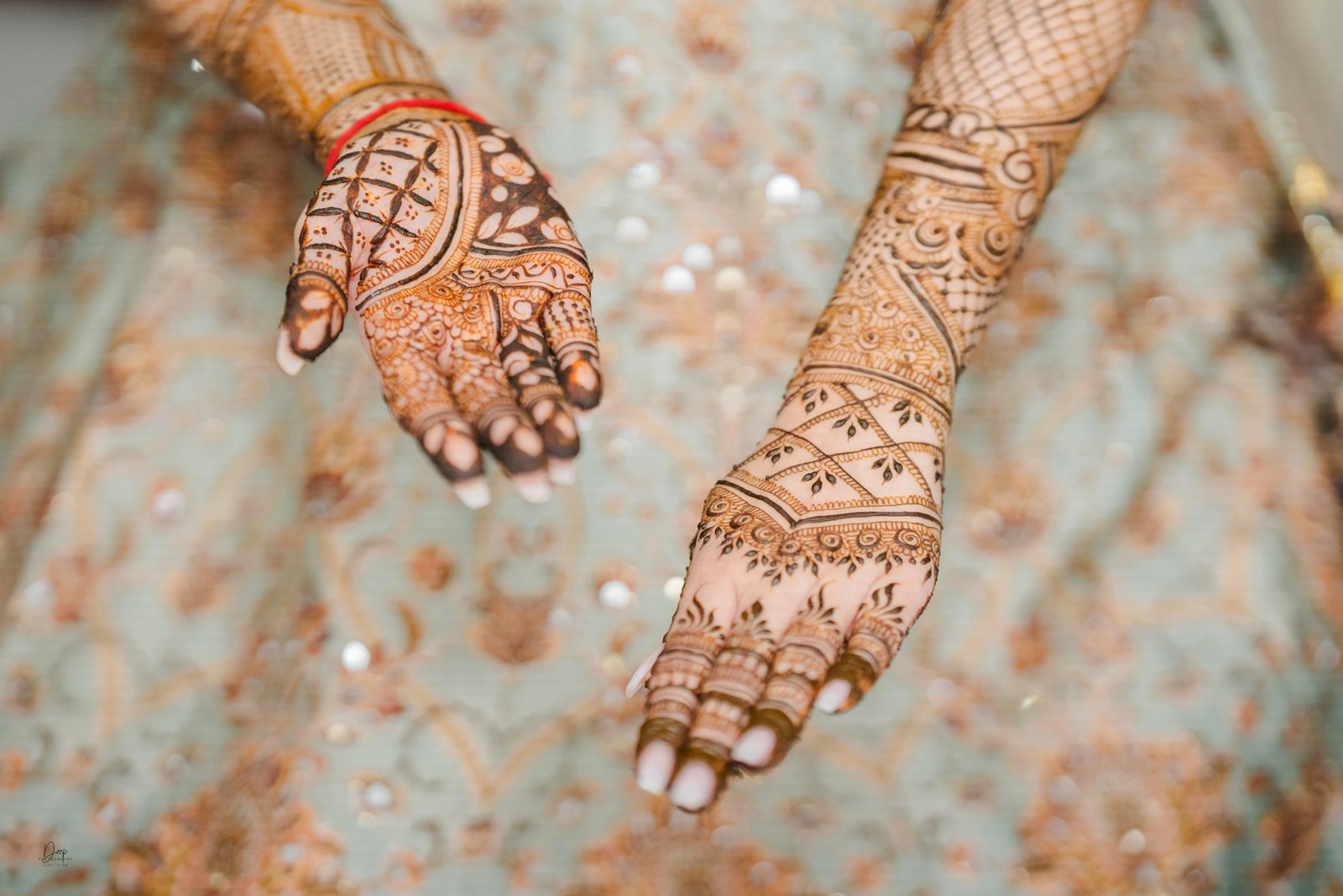 Bride posing with stunning Mehndi artwork on hands